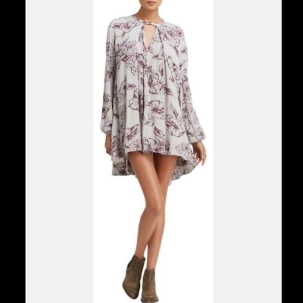 Free People Snap Out Of It Tree Gray Floral Keyhole Swing Tunic Small Dress